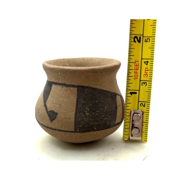 Vintage Handmade Miniature Clay Pot Geometric Painted Design Rounded Bottom - Picture 8 of 8